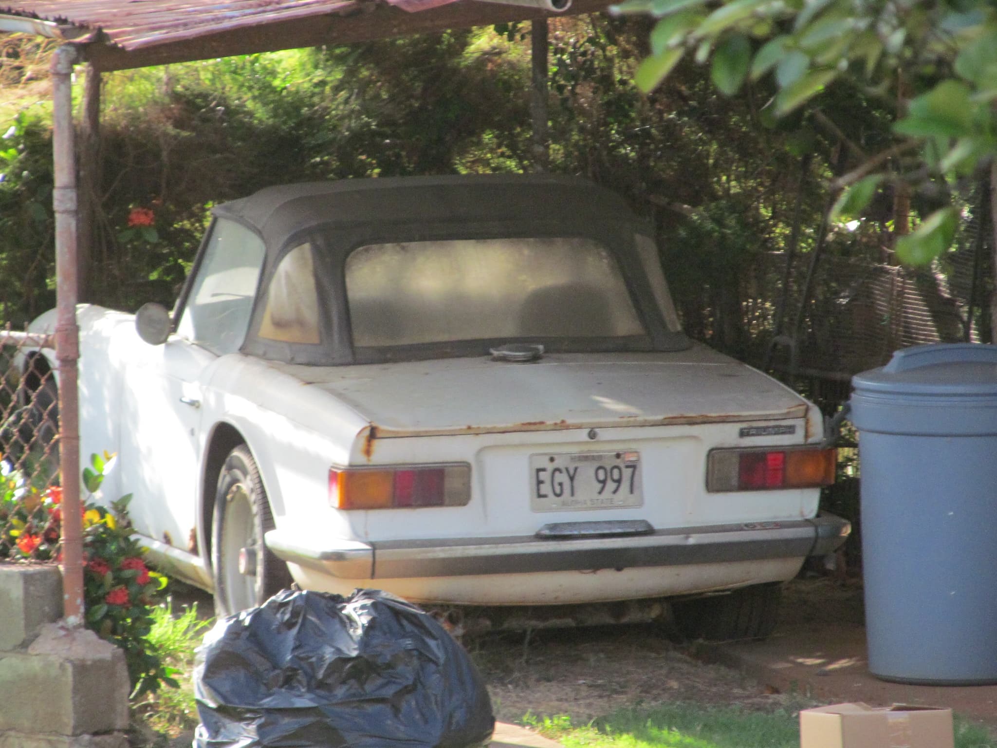 A neglected white Triumph TR6 under a rusty carport, with rust bubbling along the edge of its boot lid and a fogged rear window.