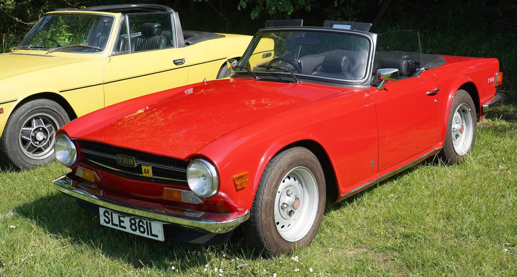 A red Triumph TR6 with the hood folded, parked on sunny grass beside a yellow Triumph Stag.