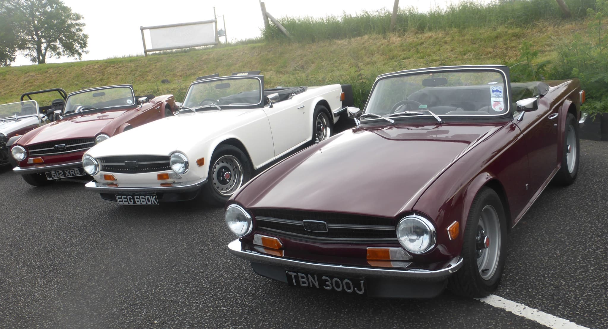 Three Triumph TR6s in a row, maroon, white and dark red, parked on a kart-track paddock.