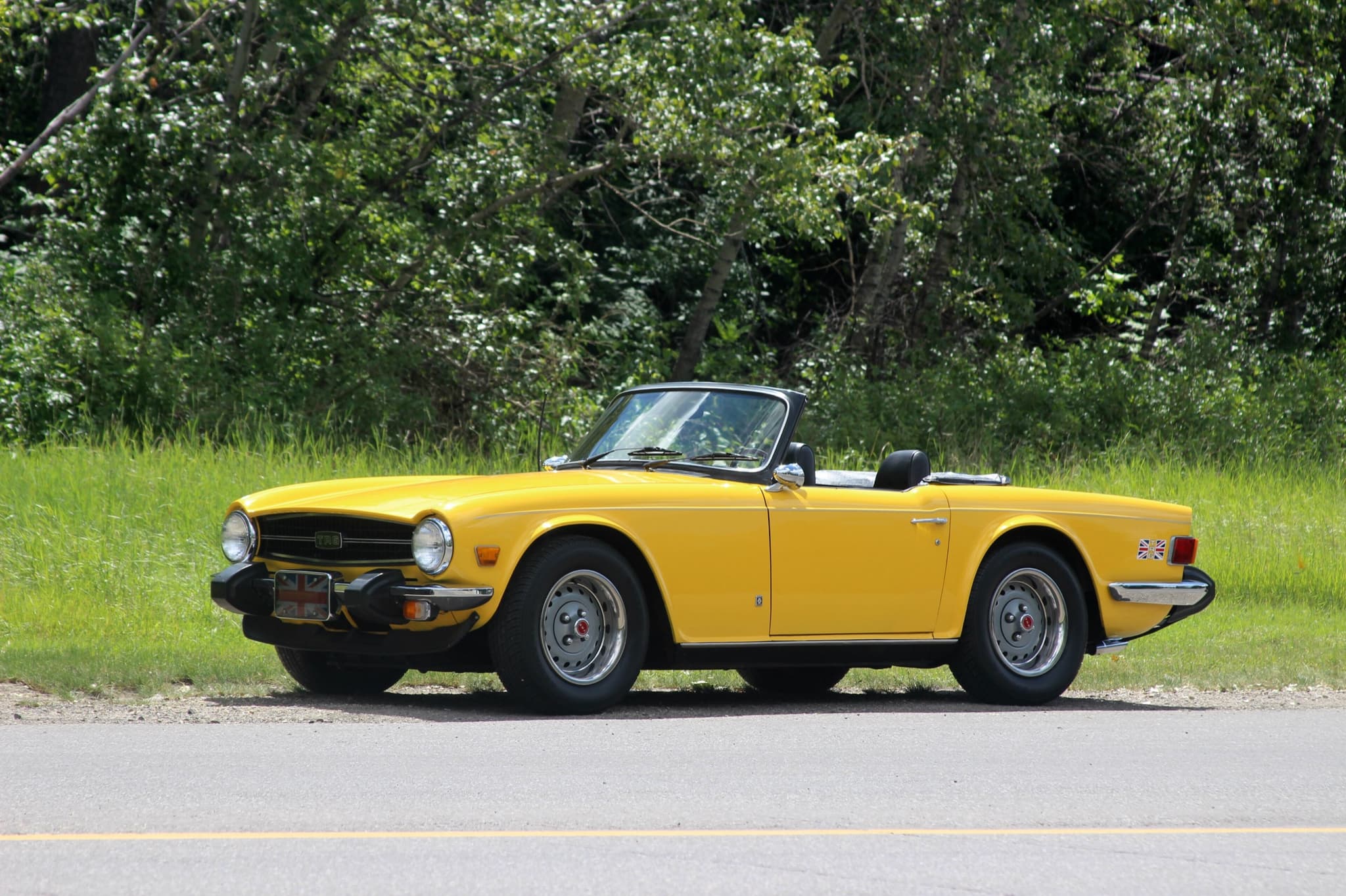 A yellow Triumph TR6 with black rubber bumper guards, parked on the verge of a rural road beside woodland.