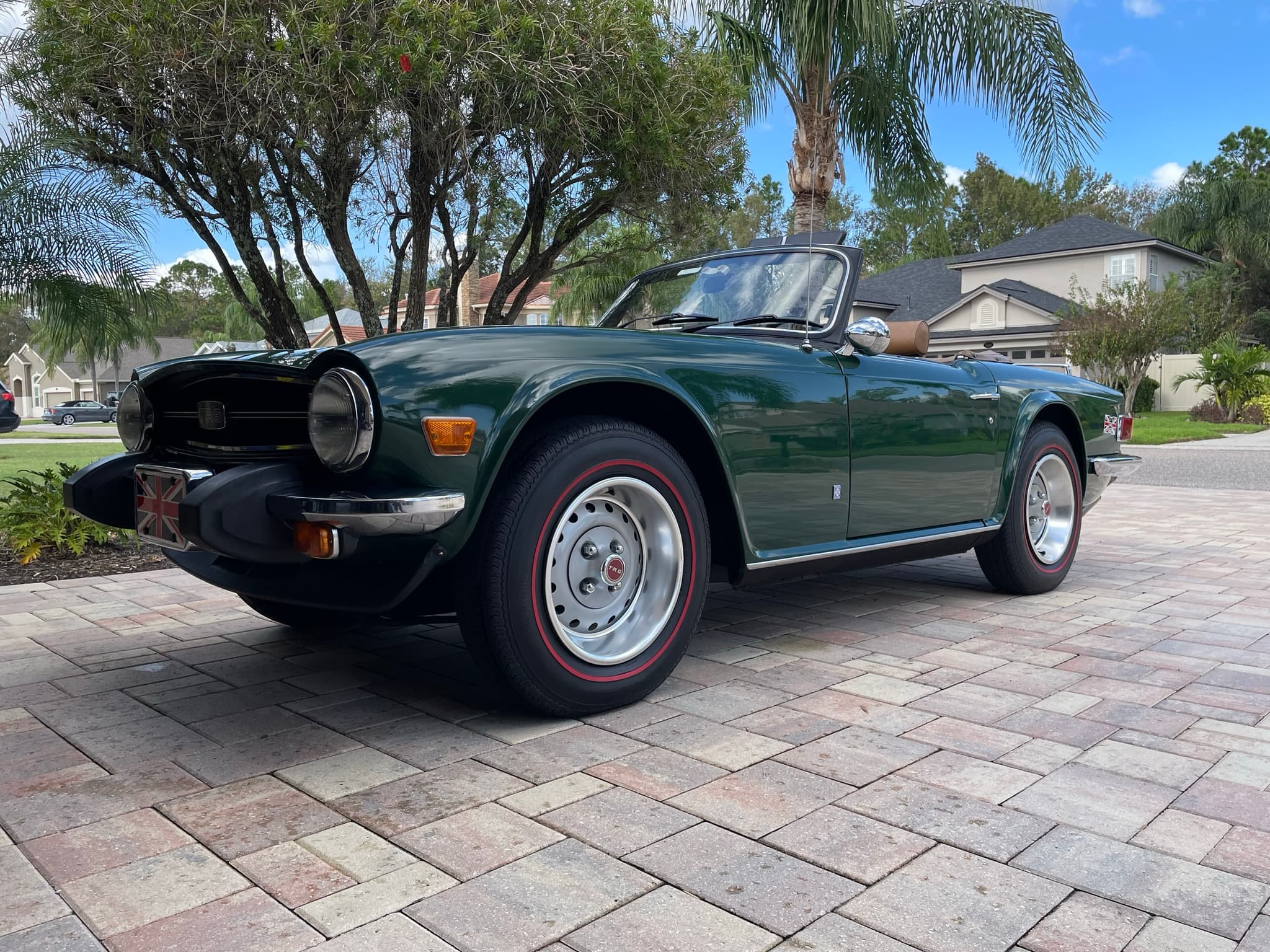A dark green Triumph TR6 with black rubber bumper guards and red-band tyres, parked on a paved drive under palm trees.
